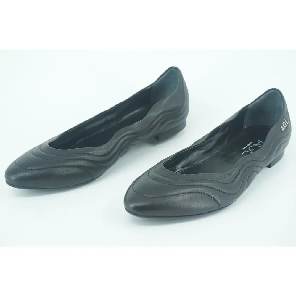 AGL Black Leather Miledy AlmondToe Quilted Ballet Flat SZ 39.5 New $380